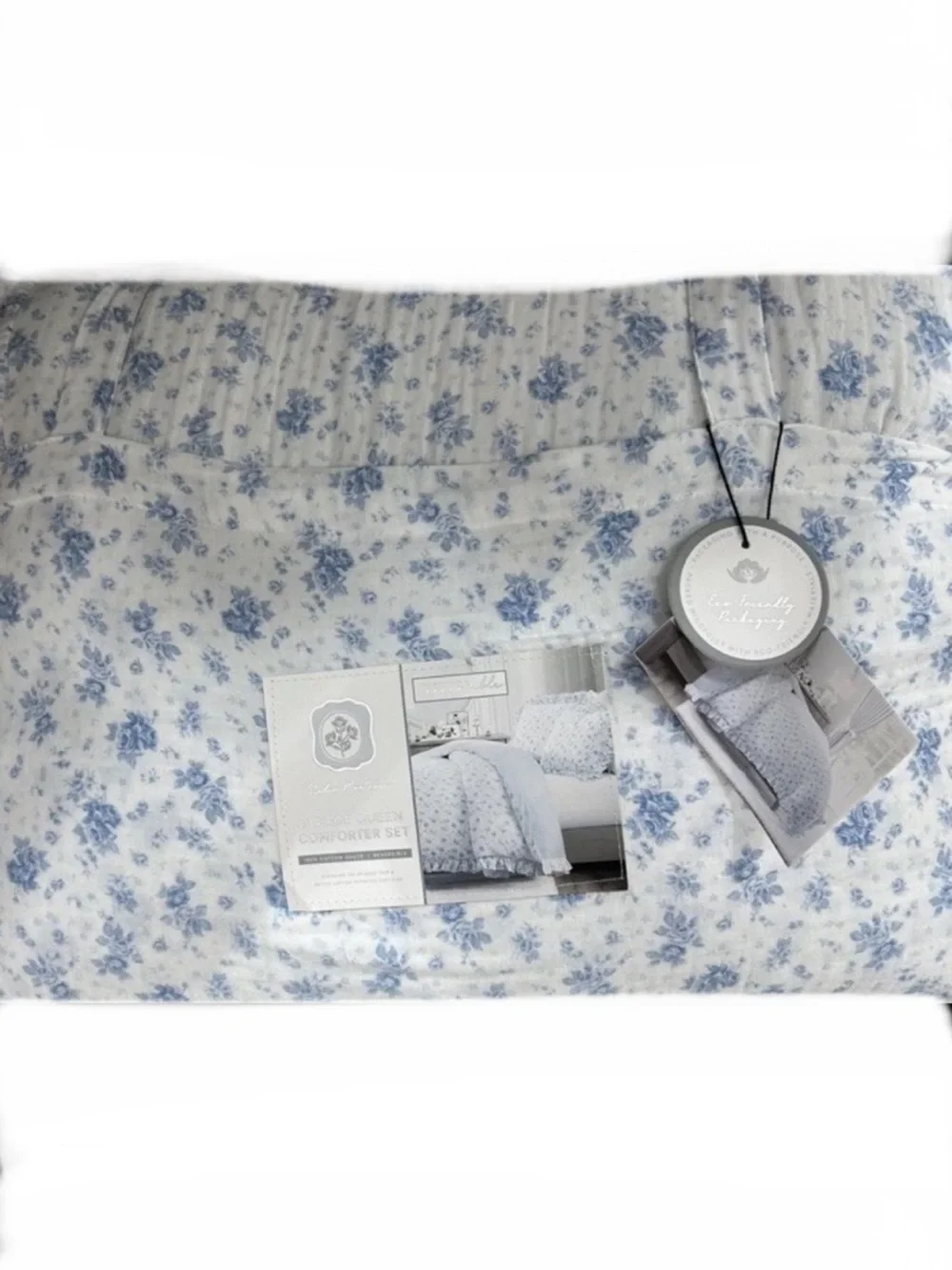 Montrose Studio Floral Blue and White Cotton Gauze Queen Comforter Set 90”x90”